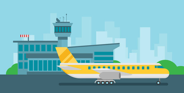 Airplane in flat style, background with travel concept