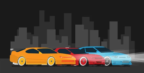 Row Sport Cars Dark Background City Silhouette — Stock Vector