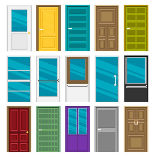 Reihe Von Bunten Türen Isoliert Auf Weißem Hintergrund — Stockvektor
