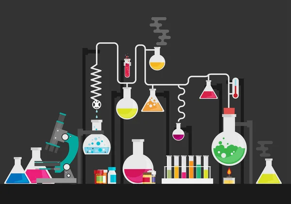 Kleurrijke Lab Apparatuur Vlakke Stijl Grijze Achtergrond — Stockvector