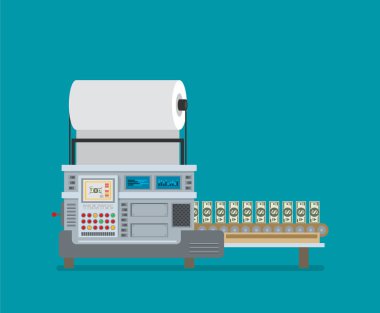 Para basma makinesi düz tarzı üzerinde mavi arka plan