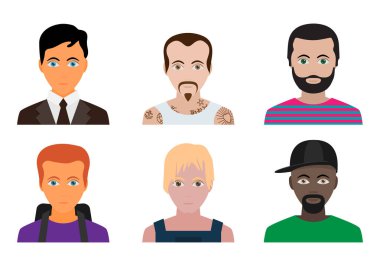 Beyaz arka plan üzerinde izole farklı çizgi film erkek karakter kümesi