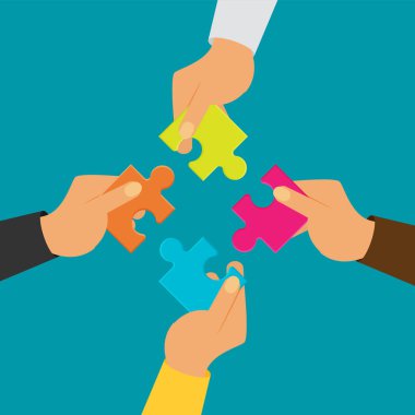 puzzle parçaları mavi arka plan, bağlantı kavramı holding eller 