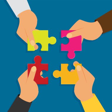 puzzle parçaları mavi arka plan, bağlantı kavramı holding eller 