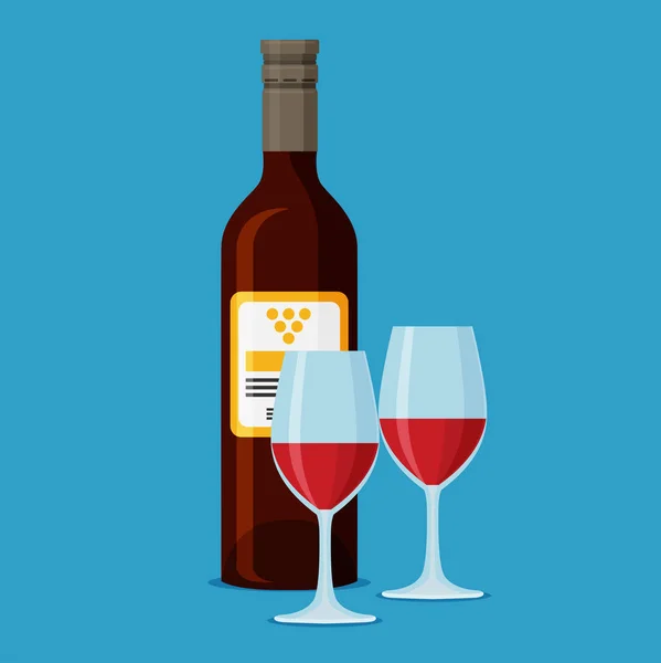 Botella Vino Con Dos Copas Vino Sobre Fondo Azul — Vector de stock