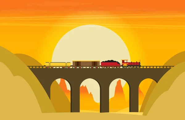 Ilustración Puente Con Tren Contra Puesta Sol — Vector de stock