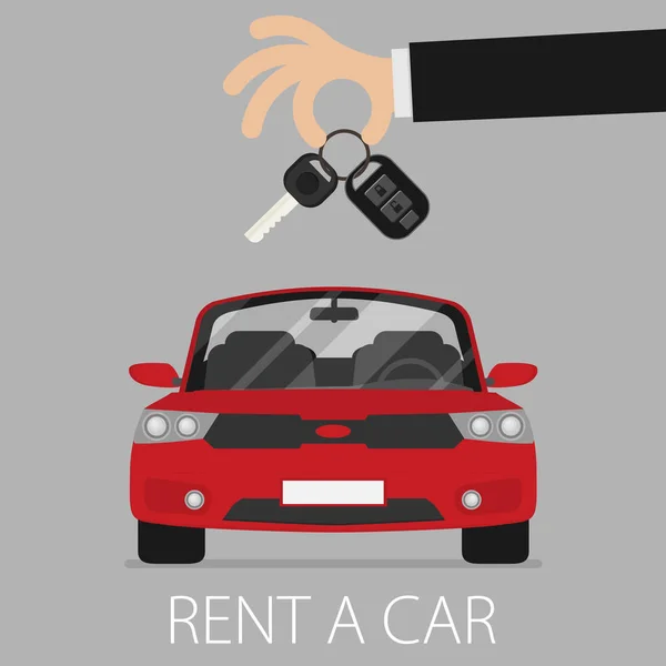 Κόκκινο Αυτοκίνητο Και Χέρι Εκμετάλλευση Κλειδί Την Επιγραφή Ενοικίαση Αυτοκινήτων — Διανυσματικό Αρχείο