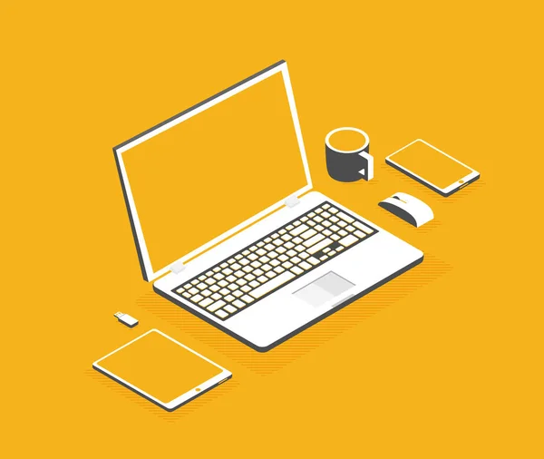 Vektorillustration Des Arbeitsplatzes Mit Laptop Und Bürobedarf — Stockvektor