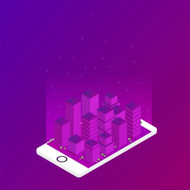 aydınlatılmış binalar smartphone ekranında büyüyen minimalist vektör çizim