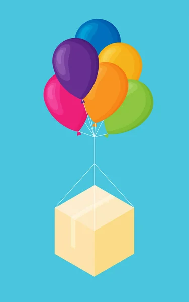 Cardboard Box Hanging Balloons Delivery Concept — Stock Vector