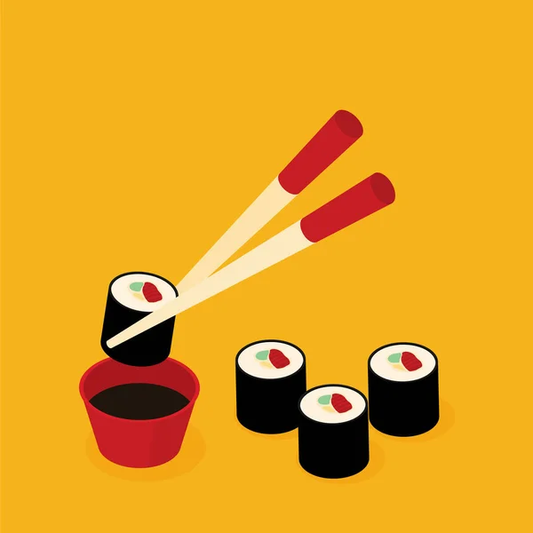 Ätpinnar Sushi Och Sojasås Gul Bakgrund — Stock vektor