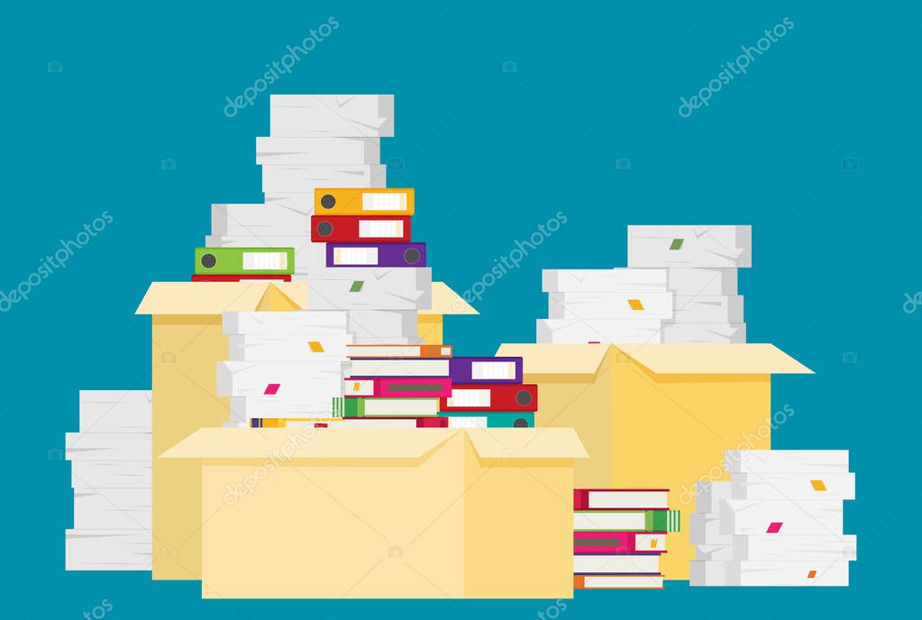 boxes with books, paper stacks and folders