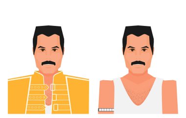 ünlü rock müzisyeni Freddie Mercury düz vektör çizimleri kümesi