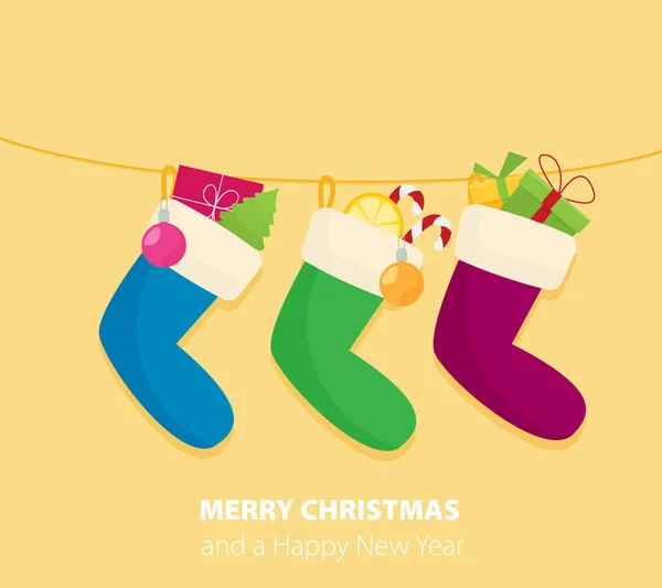 Vector Illustration Colorful Christmas Socks Festive Stuff Christmas Concept — Stock Vector