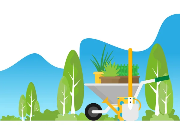 Ilustración Carro Jardinería Plantas Pala — Vector de stock