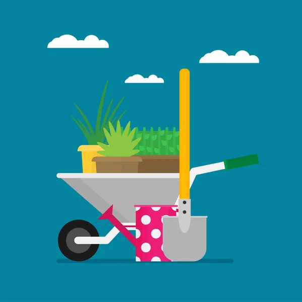 园艺手推车 植物和铲子的例证 — 图库矢量图片