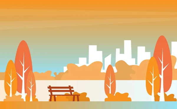 Векторная Иллюстрация Осеннего Парка Скамейкой Городским Пейзажем Фоне — стоковый вектор
