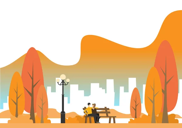 Vector Illustration Couple Sitting Bench Beautiful Park Cityscape Background — Stock Vector