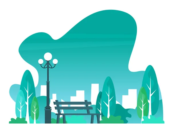 Vector Ilustración Banco Hermoso Parque Con Paisaje Urbano Fondo — Vector de stock