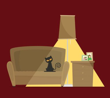 çizgi film vektör çizim oturma odası iç ile kedi