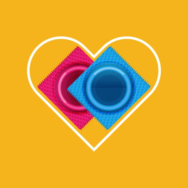 心脏符号与两个避孕套 — 图库矢量图片