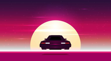 Retro arka plan günbatımı ve araba, vektör çizim ile 