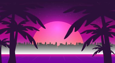 Retro arka plan günbatımı ve araba, vektör çizim ile 