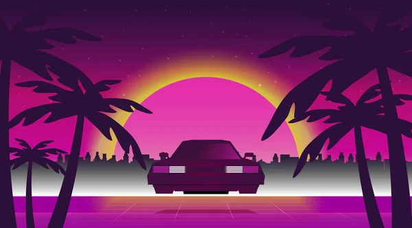 Fundo Retrô Com Pôr Sol Carro Ilustração Vetorial —  Vetores de Stock