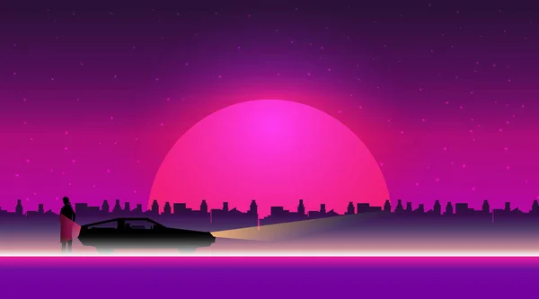 Ρετρό Φόντο Ηλιοβασίλεμα Και Αυτοκινήτου Εικονογράφηση Διάνυσμα — Διανυσματικό Αρχείο