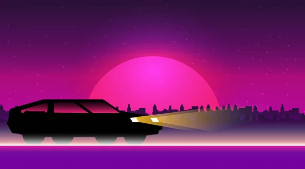 Fundo Retrô Com Pôr Sol Carro Ilustração Vetorial — Vetor de Stock