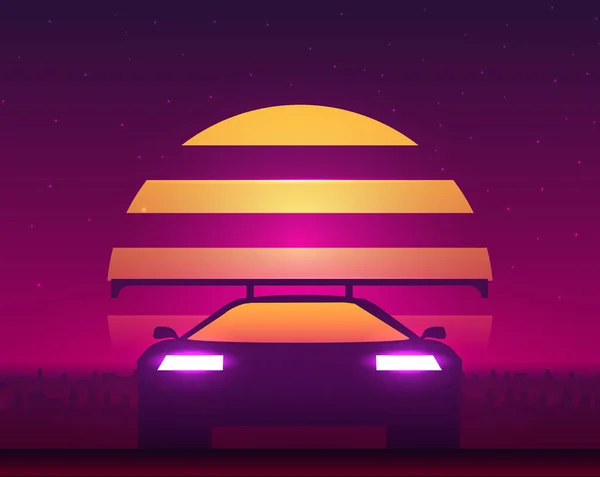 Retro Hintergrund Mit Sonnenuntergang Und Auto Vektor Illustration — Stockvektor