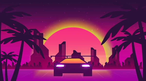 Fond Rétro Avec Coucher Soleil Voiture Illustration Vectorielle — Image vectorielle