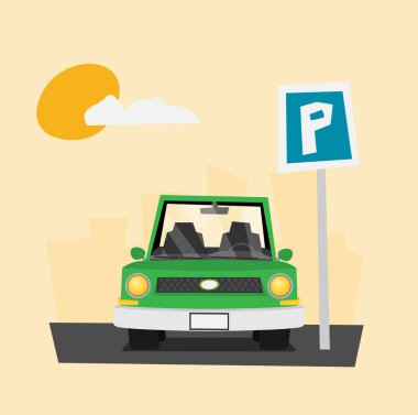 Park üzerine araba ayakta stilize afiş, vektör illüstrasyon