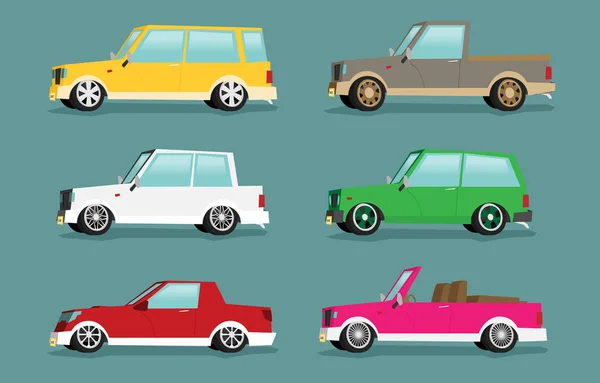 Conjunto Estilizado Com Vários Carros Coloridos Ilustração Vetorial —  Vetores de Stock