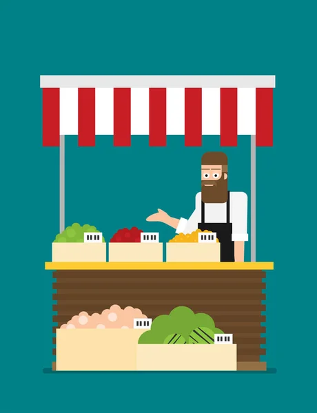 Stylized Banner Man Market Display Vegetables Vector Illustration — Stock Vector