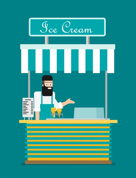 Bandera Estilizada Con Hombre Pantalla Del Mercado Con Helado Ilustración — Vector de stock