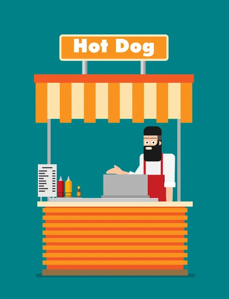 Stilisiertes Banner Mit Mann Auf Marktstand Mit Hot Dogs Vektorillustration — Stockvektor