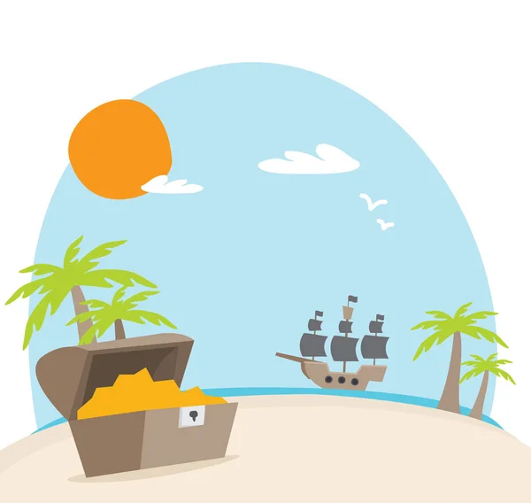 Stilisiertes Banner Mit Tropischem Strand Mit Schatztruhe Und Schiff Vektorillustration — Stockvektor