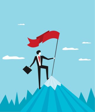İş adamının bayrağı dağın tepesinde başarıyı kutluyor. Vektör illüstrasyon düzlüğü  