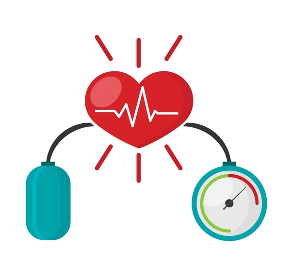 血圧計と心臓と血圧の概念 平らなスタイルでベクトルイラスト — ストックベクタ