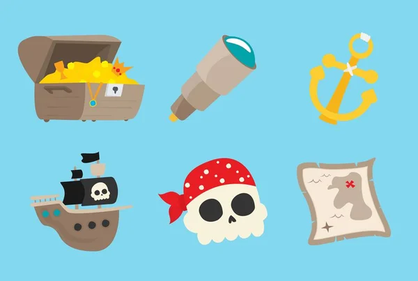 Piraat Accessoires Symbolen Platte Pictogrammen Collectie Met Houten Schatkist Jolly — Stockvector