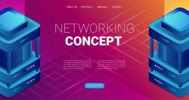 Büyük veri işleme kavramı, geleceğin enerji istasyonu, sunucu odası rafı, veri merkezi izometrik vektör illüstrasyonu 