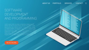 Yazılım geliştirme ve programlama, dizüstü bilgisayardaki program kodu, büyük veri işleme, izometrik hesaplama