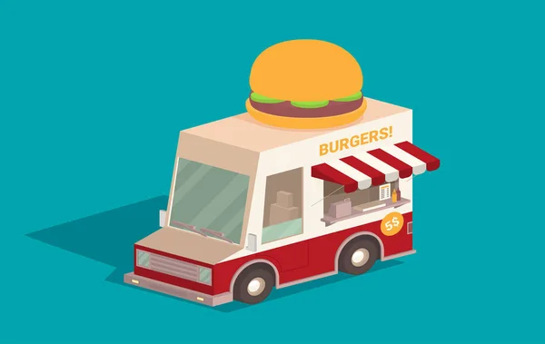 Streetfood Truck Vektor Illustration Lebensmittelkarawane Burger Lieferung Flache Ikone Isometrisch — Stockvektor