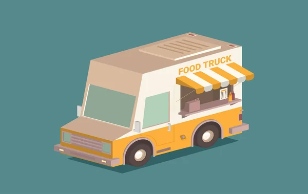 街头食品卡车矢量插图 食品大篷车 汉堡货车送货 平面图标等轴测 — 图库矢量图片