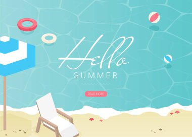 Yaz tatilleri vektör illüstrasyonu, düz tasarım plajı 