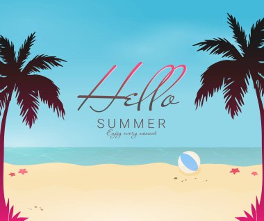 Yaz tatilleri vektör illüstrasyonu, düz tasarım plajı 