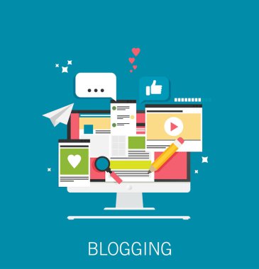 Blog aktivitesi olan bilgisayar. Düz vektör.