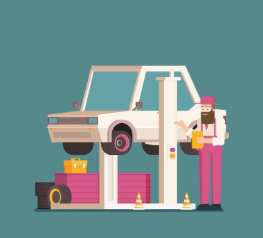 Araba tamiri. Araba üzerinde otomatik Asansör kaldırdı. Vektör