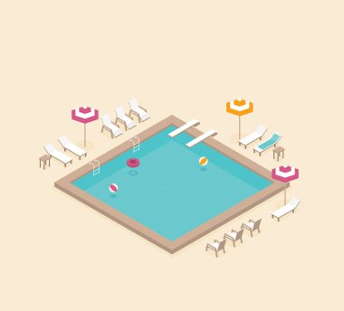 Şezlonglar, şemsiye şemsiyeler ve diğer isometrik yüzme havuzunda vektör yaratıcı konsept tasarımı